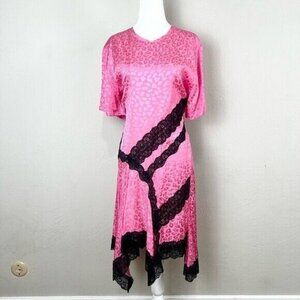 Koche Pink Satin Leopard Black Lace Asymmetrical T-Shirt Dress Size 40 US Medium